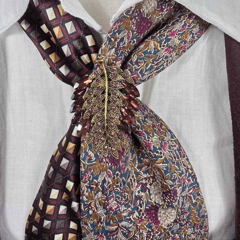 Vintage Upcycled Femties w Handset Glass Brooch Set Cottagecore Silk Artsy